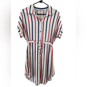 Red white and blue short sleeve button down dress